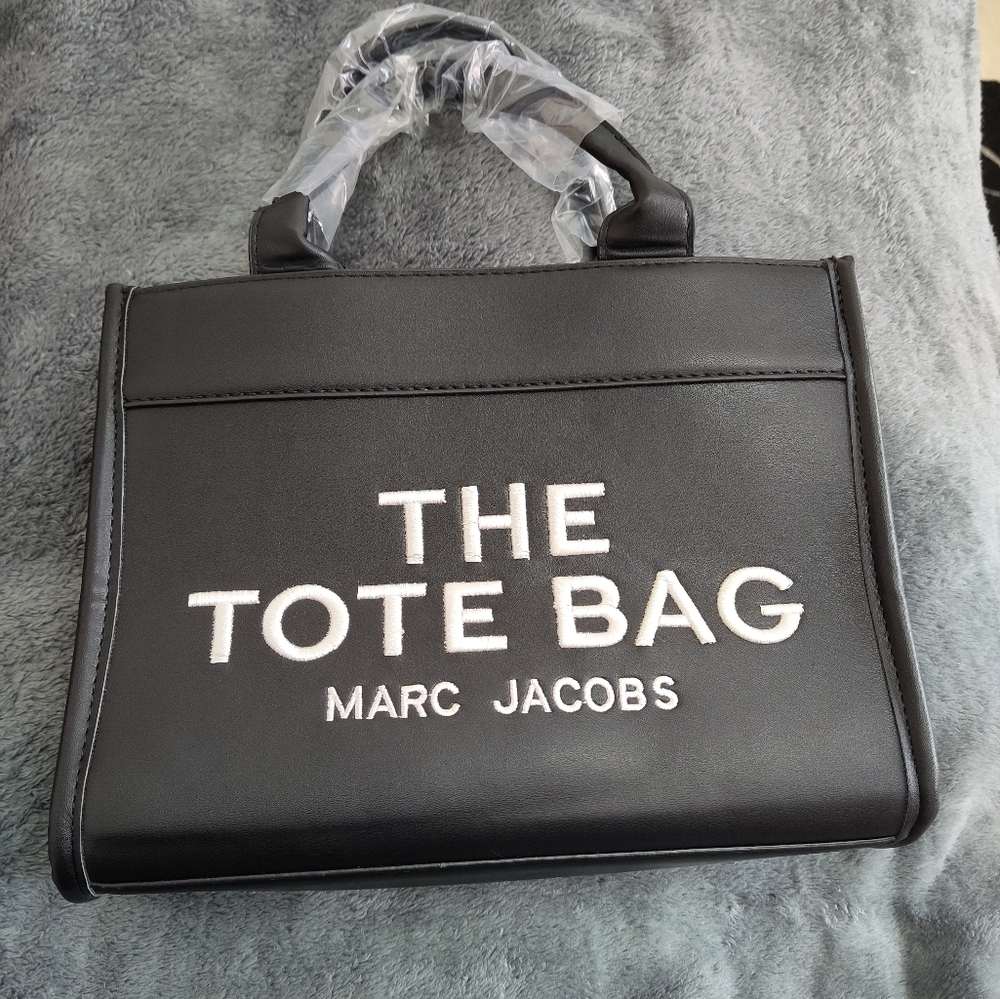 Tote Bag Small Black Leather Fashion Purse Gold Zipper Closure White Writing